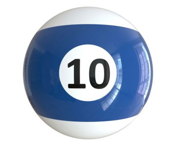 A blue and white pool ball with the number ten on it